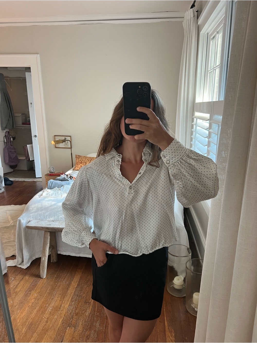 Ganni White Polka Dot Ruffle Collar Blouse